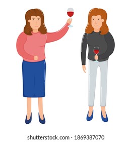 Lovely couple character female hold wine glass, holiday winter celebration solemn toast cartoon vector illustration, isolated on white. Concept happy person romantic date, pair woman.