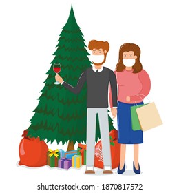 Lovely couple character hold wine glass, xmas fir tree with gift box, merry christmas souvenir bag cartoon vector illustration, isolated on white. Concept happy person family new year holiday.
