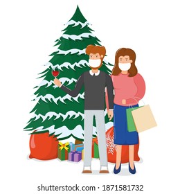 Lovely couple character hold wine glass, xmas fir tree with gift box, merry christmas souvenir bag cartoon vector illustration, isolated on white. Concept happy person family new year holiday.