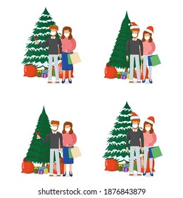 Lovely couple character hold wine glass, xmas fir tree with gift box, merry christmas souvenir bag cartoon vector illustration, isolated on white. Concept happy person family new year holiday.