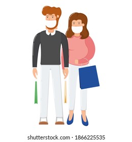 Lovely couple character man woman hold shopping bag package, merry christmas purchase gift cartoon vector illustration, isolated on white. Concept coronavirus protect mask, happy family clothes buying