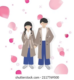 lovely couple  character  spring trench coat jeans  pink petal background