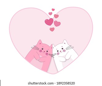 Lovely couple of cute cats. Cartoon characters. Valentine's day theme. Vector illustration. Design good for apparel print, postcard, banner, invitation and greeting card, holiday decoration. 