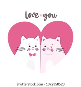 Lovely couple of cute cats. Cartoon characters. Valentine's day theme. Vector illustration. Design good for apparel print, postcard, banner, invitation and greeting card, holiday decoration. 