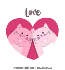 Lovely couple of cute cats. Cartoon characters. Valentine's day theme. Vector illustration. Design good for apparel print, postcard, banner, invitation and greeting card, holiday decoration. 