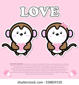 Lovely couple cute monkey with pink heart in hand for Valentine and paper cut sticker concept