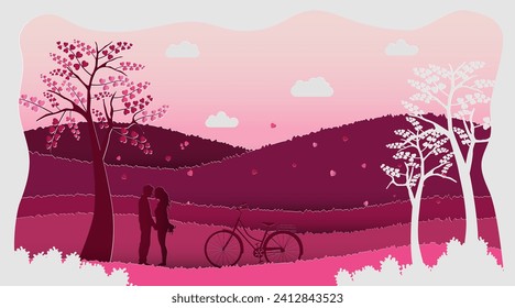 Lovely couple design in soft pink background with bicycle.Paper art style