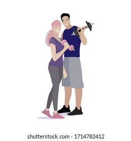 Lovely couple do fitness together. Boyfriend with dumbbell, wife and husband doing body fit, training fitness with love illustration