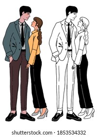 Lovely couple doodles. Man and woman on a date or romantic walk. Hand drawn vector illustrations. Color and outline drawing set isolated on white. Valentines day design, card, wrap, prints, poster etc