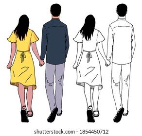 Lovely couple doodles. Man and woman on a date or romantic walk. Hand drawn vector illustrations. Color and outline drawing set isolated on white. Valentines day design, card, wrap, prints, poster etc