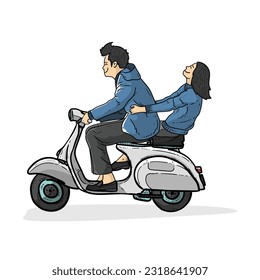 Lovely couple enjoy riding scooter with happily isolated on white background vector modern illustrations