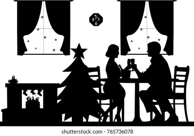 Lovely couple enjoying the Christmas holidays and New Year, one in the series of similar images silhouette layered