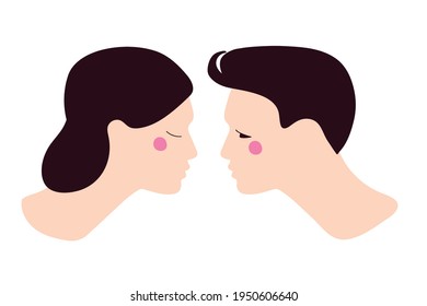 Lovely couple going to kiss. Young girl and young man. Flat vector illuctration. Portrait of boyfriend and girlfriend from sidee. Couple in love. Man going kiss His Girlfriend