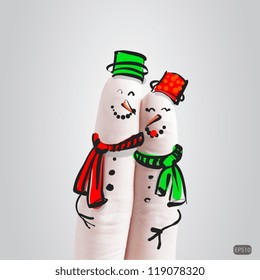A lovely couple hand drawn and finger,snowmen,vector