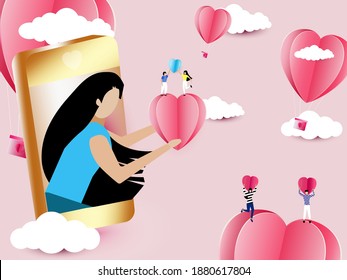 lovely couple. happy valentine's day in mobile  design of paper art and craft.love pink background with cloud. vector illustration.