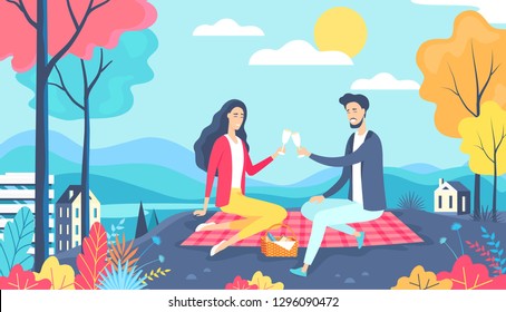 Lovely Couple Have A Date Picnic In The City Park. Happy Valentine's Day