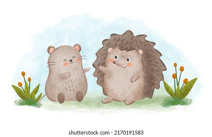 The lovely couple hedgehog smiling with happily in watercolor painting style, cartoon character design for postcard, vector illustration