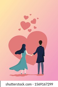 lovely couple hold hand each other standing confront with big pink heart, vector design