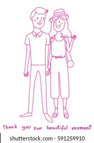 Lovely couple holding hands and smiling to each other. A beautiful moment of couple in love. Vector illustration with doodle style.