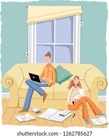 A lovely couple at home. Man working on his laptop, woman reading a book 
