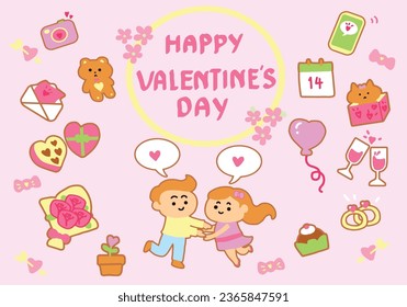 Lovely couple with icon set-doodle art lovely style -pink background.