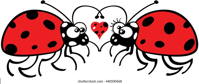 Lovely couple of ladybugs staring at each other tenderly and forming a big heart with their antennae. A funny spotted heart is floating between them