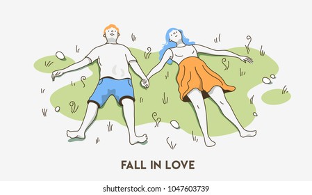 Lovely couple lies on  green grass. Love story. Weekends outside the city. Top view. Line art vector illustration.