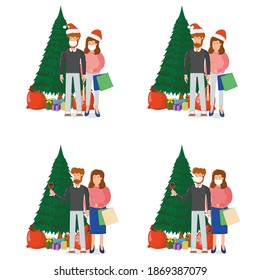 Lovely couple man woman character standing xmas fir tree with gift box, merry christmas souvenir bag cartoon vector illustration, isolated on white. Concept happy family new year holiday, cute person.