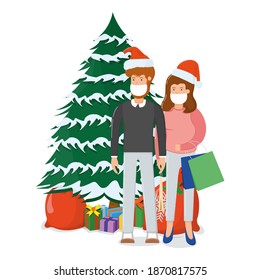 Lovely couple man woman character standing xmas fir tree with gift box, merry christmas souvenir bag cartoon vector illustration, isolated on white. Concept happy family new year holiday, cute person.