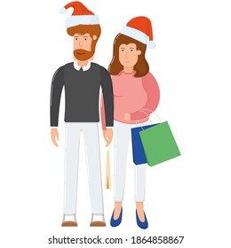 Lovely couple man woman in xmas hat hold shopping bag package, merry christmas purchase gift cartoon vector illustration, isolated on white. Concept happy family clothes buying, cute person buy item.