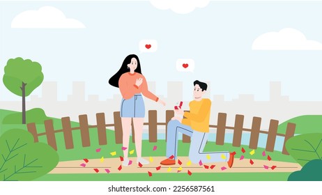 Lovely couple marriage proposal. Romantic man standing on knee with ring in hand making proposal to woman asking her marry with him. Outdoor, blue sky. Vector illustration. 