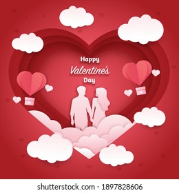 A lovely couple on a multi-layered paper-cut style red heart-shaped background, balloons, and clouds hanging over pink clouds. Vector illustration