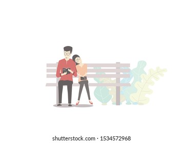 Lovely couple reading on bench in public park, vector design 