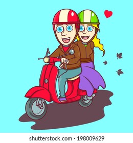 Lovely couple riding red scooter