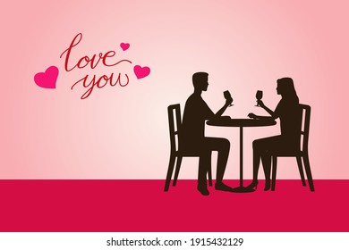 Lovely couple romantic date dinner on pink background. Illustration of Love and Valentine Day.