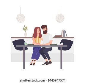 Lovely couple sitting at cafe table and embracing each other. Happy boyfriend and girlfriend. Young man and woman in love. Cute funny boy and girl on romantic date. Flat cartoon vector illustration.