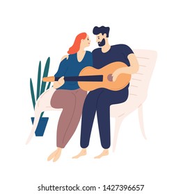 Lovely couple sitting on bench and playing guitar. Pair of young adorable man and woman cuddling and singing songs on romantic date. Boy and girl in love. Flat cartoon colorful vector illustration.