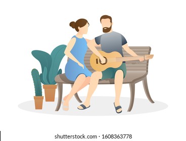 lovely couple sitting on bench and playing guitar. relaxing couple scene. daily life of cute happy couple. romantic couple relationship in flat vector illustration