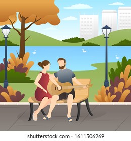 lovely couple sitting on bench and playing guitar at park. outdoor activity romantic couple scenes. romantic couple relationship in flat vector illustration.