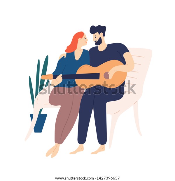 ベンチに座ってギターを弾く素敵なカップル ロマンチックなデートで歌を歌ったり かわいらしい男と女のペア 恋をしている少年と女の子 平らなカートーンのカラフルなベクターイラスト のベクター画像素材 ロイヤリティフリー
