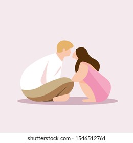 Lovely couple sitting on floor. Cute boyfriend and girlfriend spending time together at home. Colorful vector illustration in flat style.