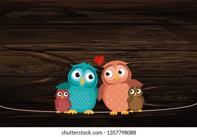 Lovely couple sitting owl on the rope with children owlet. Family of birds on top of a heart. Greeting card for the holiday. Vector illustration on wooden background.