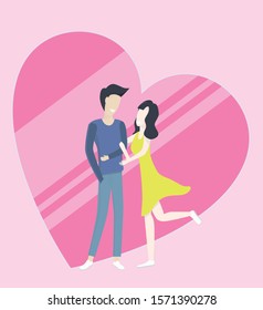 lovely couple with smile face looking each other and happiness feeling with big pink heart in background