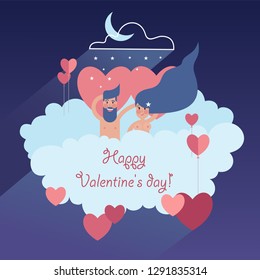 Lovely couple soaring on a cloud with valentines, on blue night sky background with moon and stars