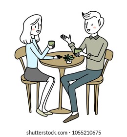 Lovely couple spending good time together at coffee shop. They talking and smiling to each other happily. Young couple dating. Cute woman smiling and talking to her date cheerfully. Hand-drawn vector.