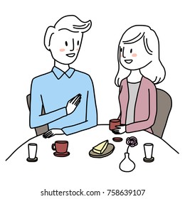 Lovely couple spending good time together at coffee shop. They talking and smiling to each other happily. Vector illustration with hand-drawn style.