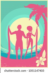 Lovely couple of surfers and blue sea waves on poster.Vector background of man and woman silhouette