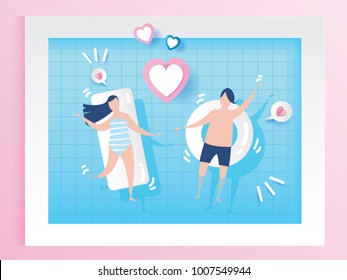 lovely couple in swimming pool design for Valentine's day festival with pink heart on abstract love background. Vector illustration.