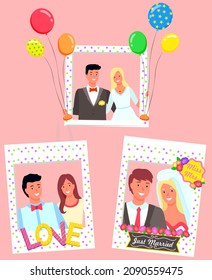 Lovely couple taking photos in photozones vector, isolated set of man and woman with frames and balloon. Just married sign for newlyweds, bride and groom, boyfriend and girlfriend with love letters