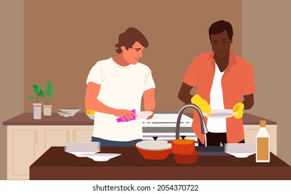 Lovely couple of two men washing utensils in the kitchen interior. Editable vector illustration